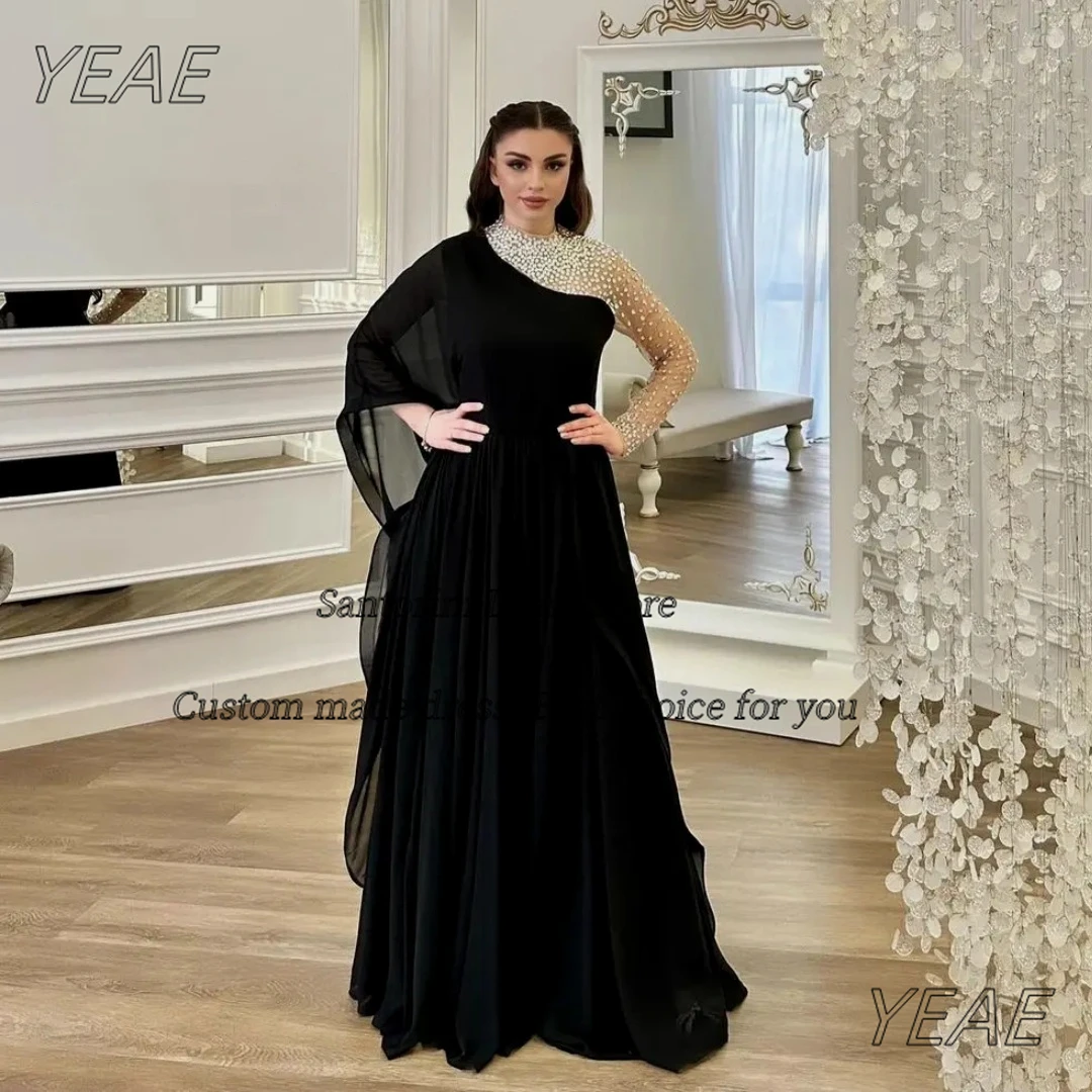 Santorini Black Chiffon Evening Dresses Handmade Beaded Long Sleeves Pageant Party A Line Ruched Floor Length Prom Formal Dress