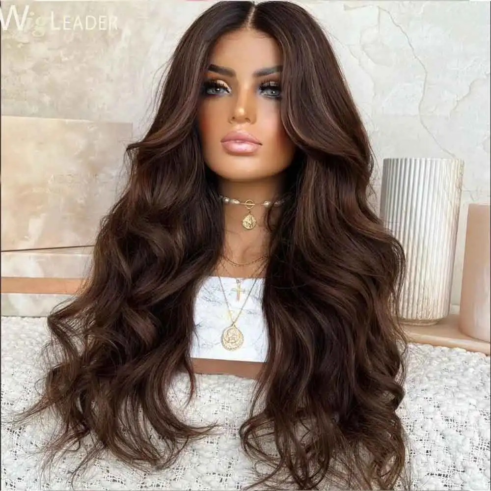 Brown Synthetic Hair Deep Parting Preplucked 13x6 Lace Front Wigs #4 Wavy Heat Resistant 250% Full Density Lace Front Wigs