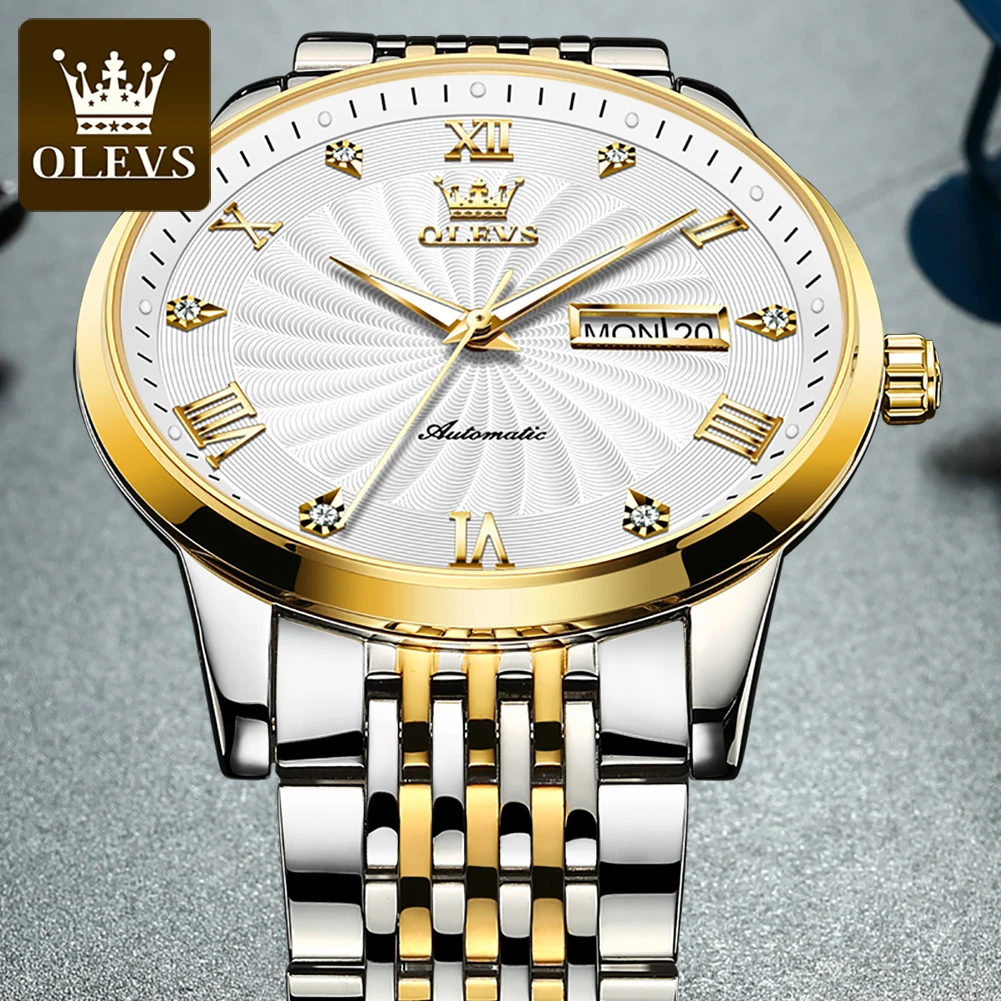 OLEVS 6630 Business Mechanical Watch Gift Stainless Steel Watchband Round-dial Week Display Calendar Luminous