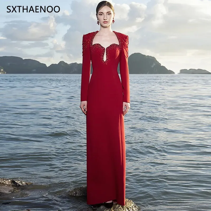 

SXTHAENOO Solid Slimming Spliced Bead Temperament Dresses for Women Suqare Neck Long Sleeves Tunic Dress Female Clothing New