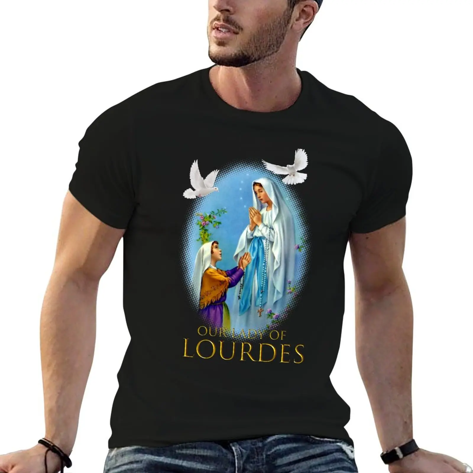 Camiseta Virgen de Lourdes, camisetas de algodão 100%, camisetas engraçadas de algodão, camiseta masculina de algodão
