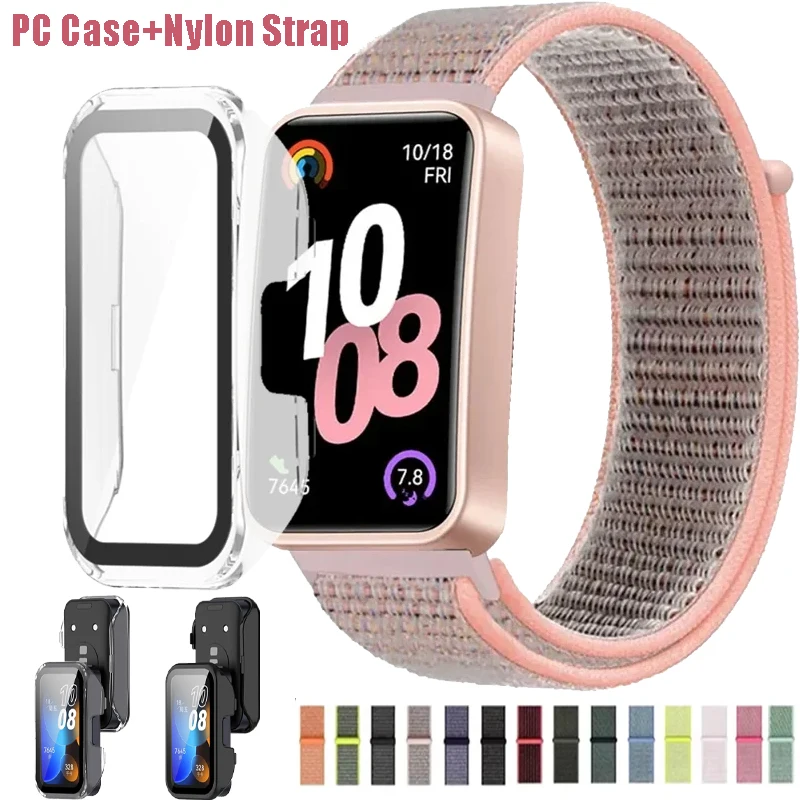 PC-Gehäuse + weiches Nylonband für Huawei Band 10, HD-Hartglas, schützende Anti-Fall-Schale, Huawei Band 9 8, bequemer Correa-Gürtel
