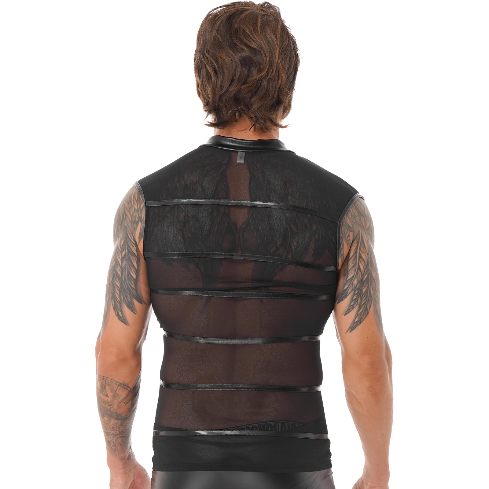 Sexy Club Wear Men Faux Leather T Shirts Undershirts Men Stripe See-through Mesh Wet Look Tight Tees Gay Zipper Corset Dancewear