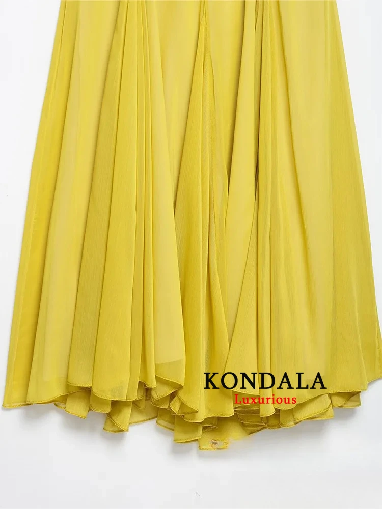 ชุดเดรสสายเดี่ยวสไตล์วินเทจ KONDALA สีเหลืองล้วน แขนกุด แต่งระบาย ซิปด้านหลัง แฟชั่นใหม่ 2025 ชุดเดรสสำหรับฤดูใบไม้ผลิ ฤดูร้อน และวันหยุด