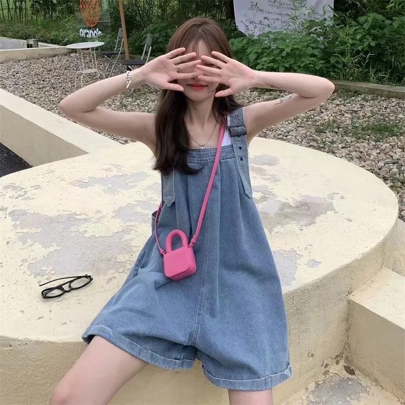 Curly Hem Denim Overalls Shorts Women's Summer New Salt-sweet Small Loose Romper Girl Woman Comfort Casual Loose High Quality