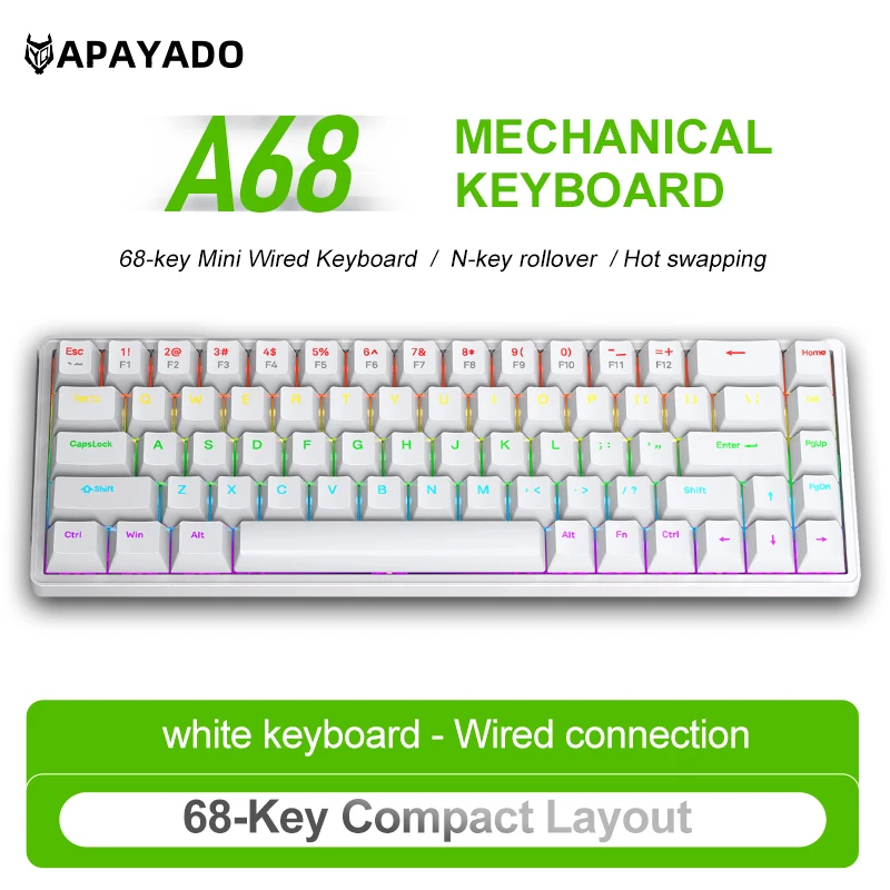 APAYADO A68 Wired Mechanical Keyboard Compact Layout Hot Swappable Blue/Red Switches RGB Backlight Full Key Rollover Type-C