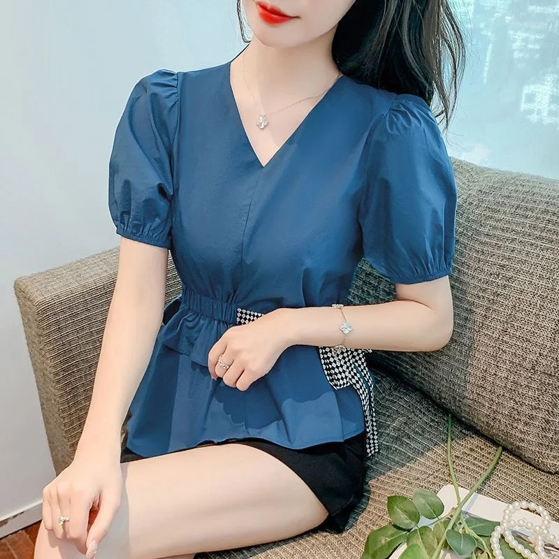 Woman Spring Autumn Style Blouses Shirts Lady Casual Short Sleeve V-Neck Solid Color Blusas Tops G2673