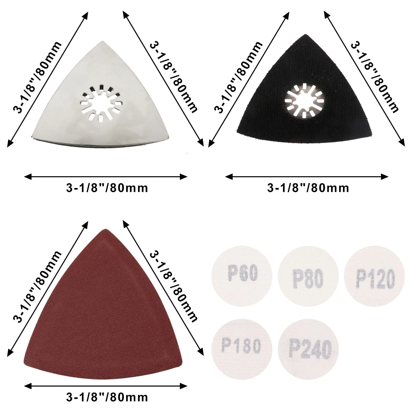 삼각형 사포 키트, 80mm 모듬, 60-240 그릿, 범용 삼각형 후크 및 루프, 멀티툴 샌딩 패드 부착, 52 개