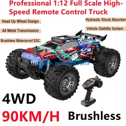 Carro de corrida de controle remoto sem escova, Absorção de choque hidráulico 90 Kmph, Caminhão RC, 1:12 Waterproof ESC, Iluminação Controladora, 4WD