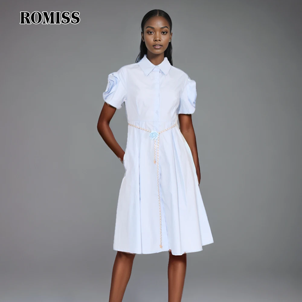 ROMISS Solid Elegant Spliced Chain Dresses For Women Lapel Short Sleeve High Waist Patchwork Button Slimming Dress Female