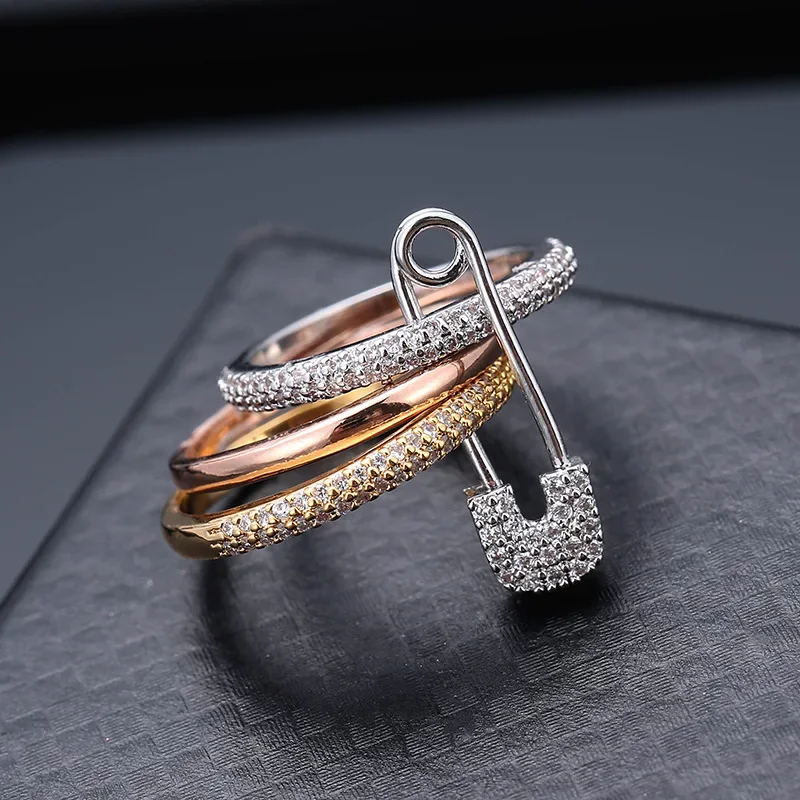 New Fashionable And Personalized Micro-Paved Zirconia Three-Color Detachable Pin Ring For Temperament Ladies Jewelry Accessories