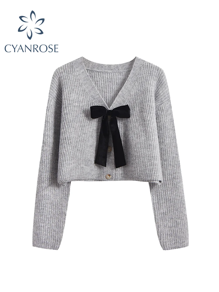 Women\'s Grey Bow Cardigan Knitted Sweater Harajuku 90s Aesthetic Y2k Vintage Elegant Long Sleeves Jumper Sweaters 2000s Clothes