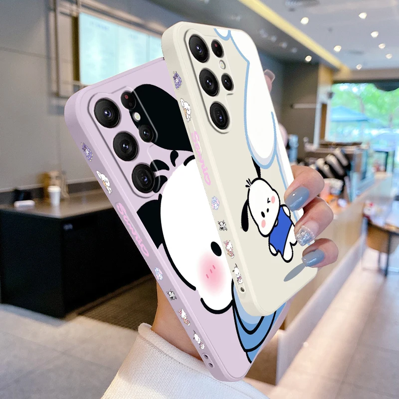 Pacha Dog Sanrio Cartoon Cute Liquid Left Rope For Samsung Galaxy S24 S23 S22 S21 S20 FE S10 Ultra Plus Lite 5G Cover TPU