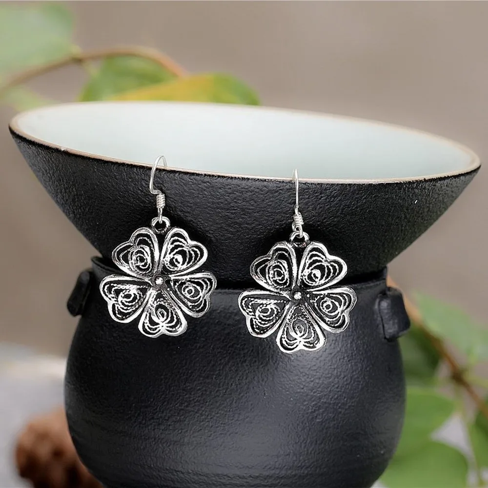 Real Pure S925 Sterling Silver Women Lucky Hollow Filaments Flower Dangle Earrings