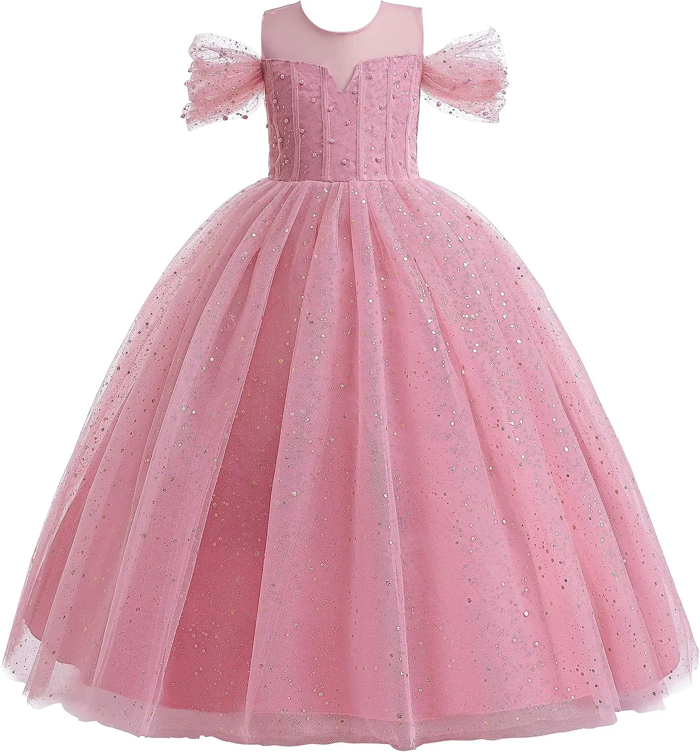 فستان الأميرة المتلألئ من التول فساتين بناتي الزهور بكتف بارد طويل على شكل حرف A لحفلات الزفاف فستان فتاة