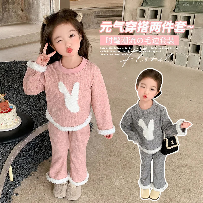 Girls Sweet Suit Baby Cute Round Neck Cartoon Top Pant 2-Piece Spring Autumn New Children's Fashion Casual Solid Color Sets 2-8Y