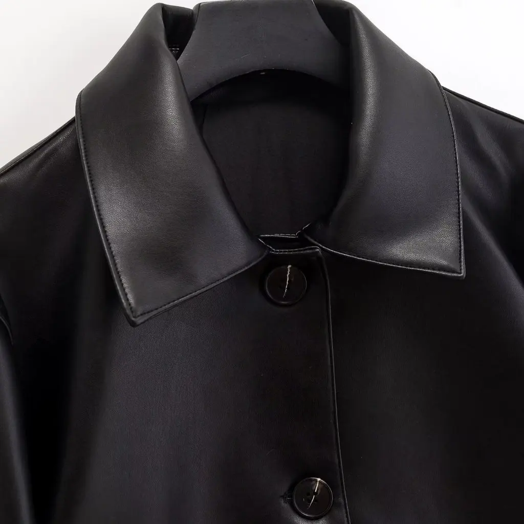 سترة نسائية كاجوال من الجلد بتصميم كلاسيكي بسيط ومتوافق مع طية صدر السترة معطف خريفي على الطراز الأوروبي الأمريكي