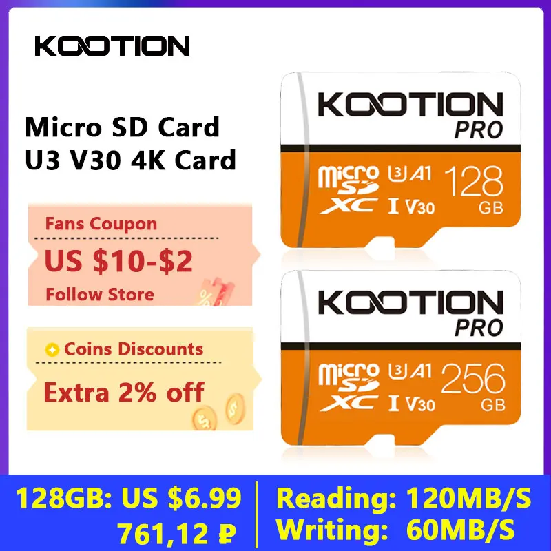 KOOTION T1Pro tarjeta Micro SD 128 GB 256GB tarjetas de memoria micro sd card 64GB A1 V30 U3 clase 10 tarjeta de vídeo Microsd TF de alta velocidad