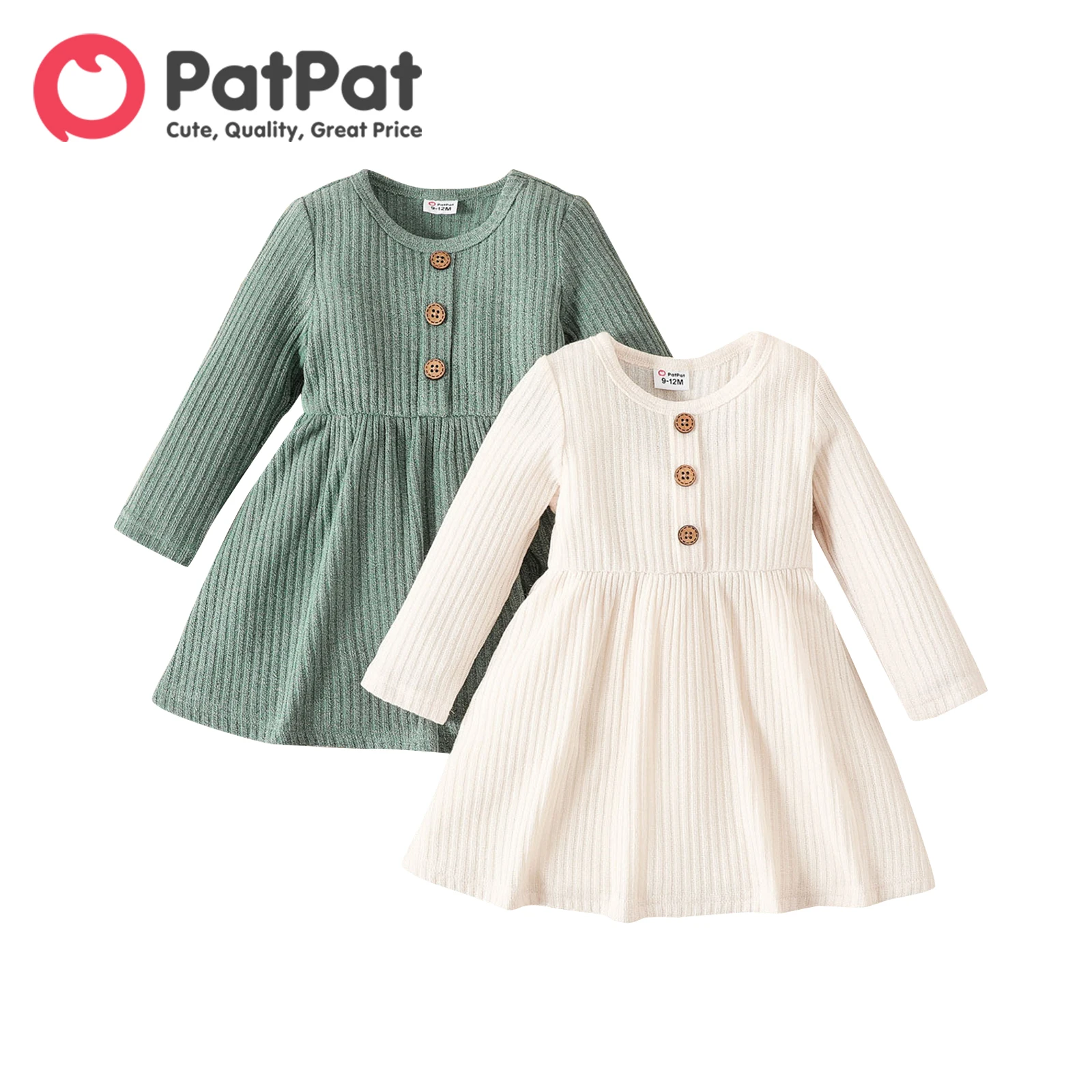 

PatPat Baby Girl Button Front Solid Rib Knit Long-sleeve Dress