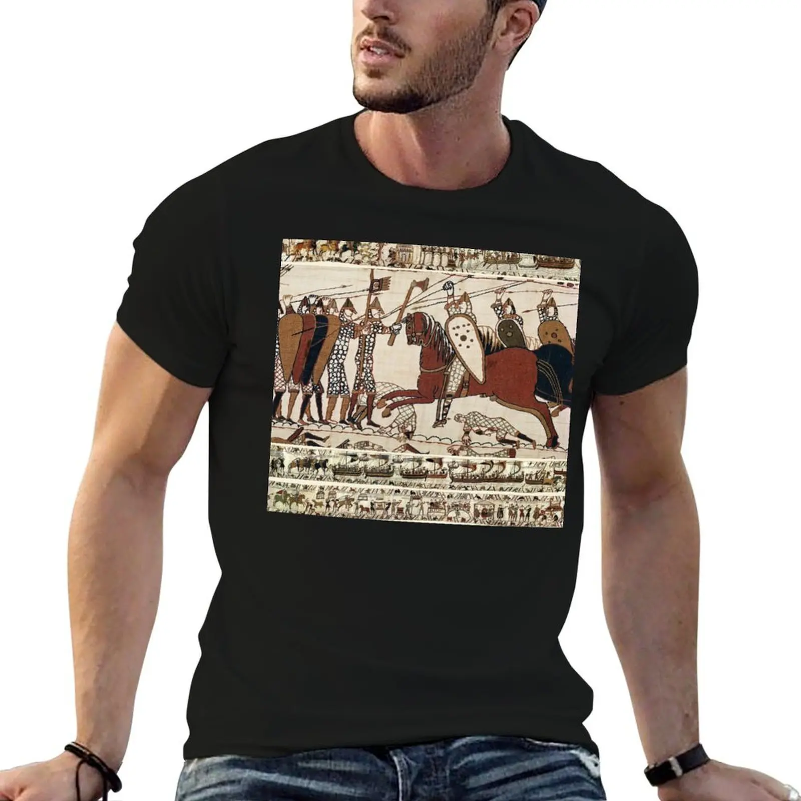 THE BAYEUX TAPESTRY ,BATTLE OF HASTINGS ,NORMAN KNIGHTS COMBATTING HORSEBACK T-Shirt cute clothes mens big and tall t shirts