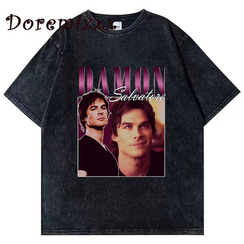 Damon Salvatore The Vampire Diaries Chronicles Vampiricas T-shirt Women T Shirt 90s Cool Men T-shirt Streetwear Washed Tops