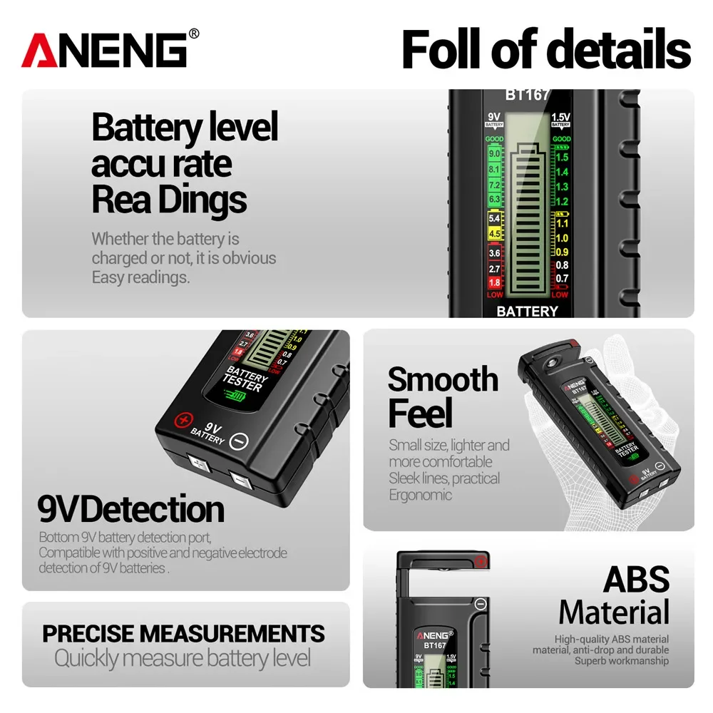 ANENG BT167 Battery Level Detector Multifunctional Quickly Measure Battery Level ABS Plastic Precise Measurements Tester Tools