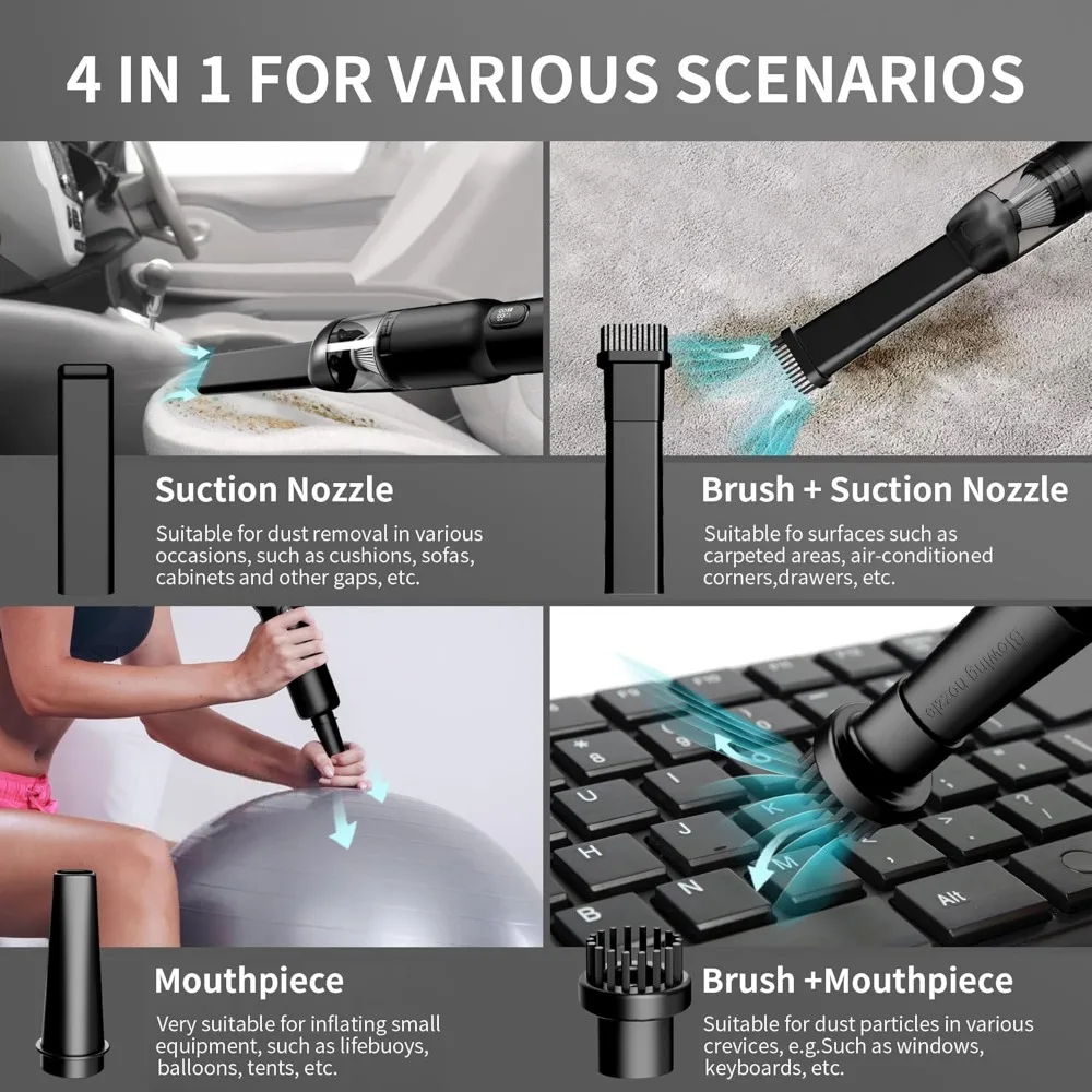 مكنسة كهربائية محمولة للسيارة، شفط قوي لاسلكي محمول بقوة 20 كيلو باسكال مع ضوء LED، منفاخ هواء 2 في 1، قابل لإعادة الشحن منخفض الضوضاء #4