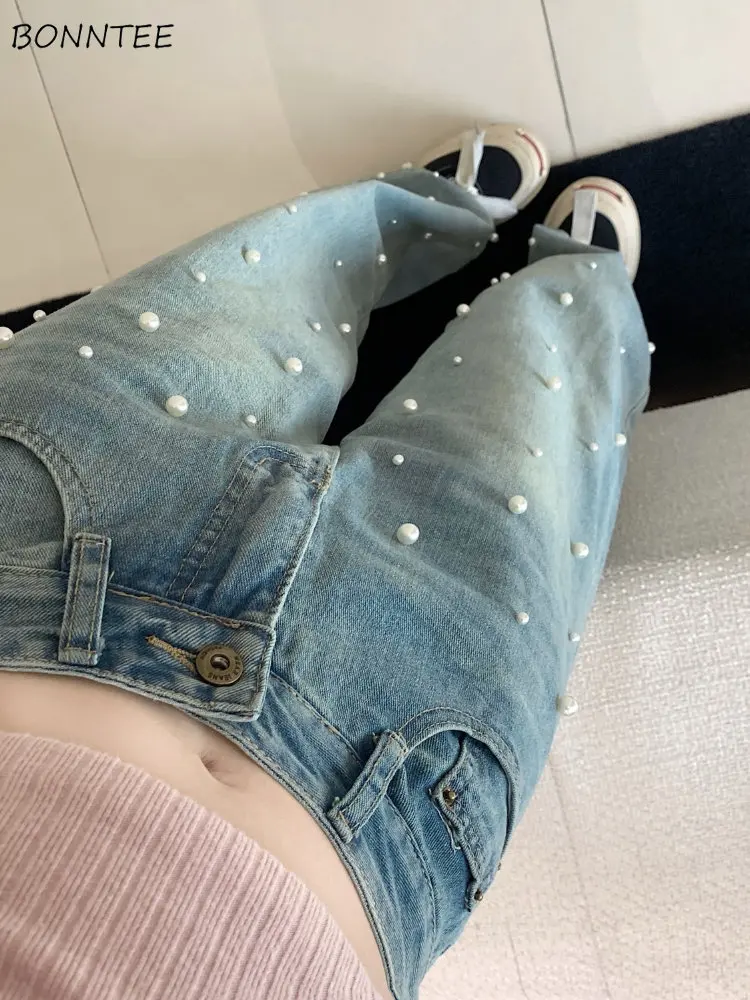 

Jeans Women Embroidered Flares Chic Sweet New Spring Ulzzang Stylish Loose High Waist Students Designed Mopping Distressed Daily