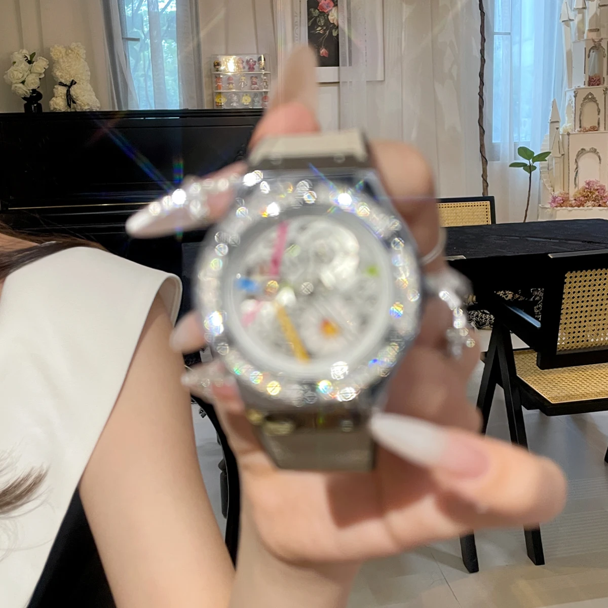 CILOA New Women's Waterproof Mechanical Watch - Large Dial, Diamond Accent, Transparent Dial