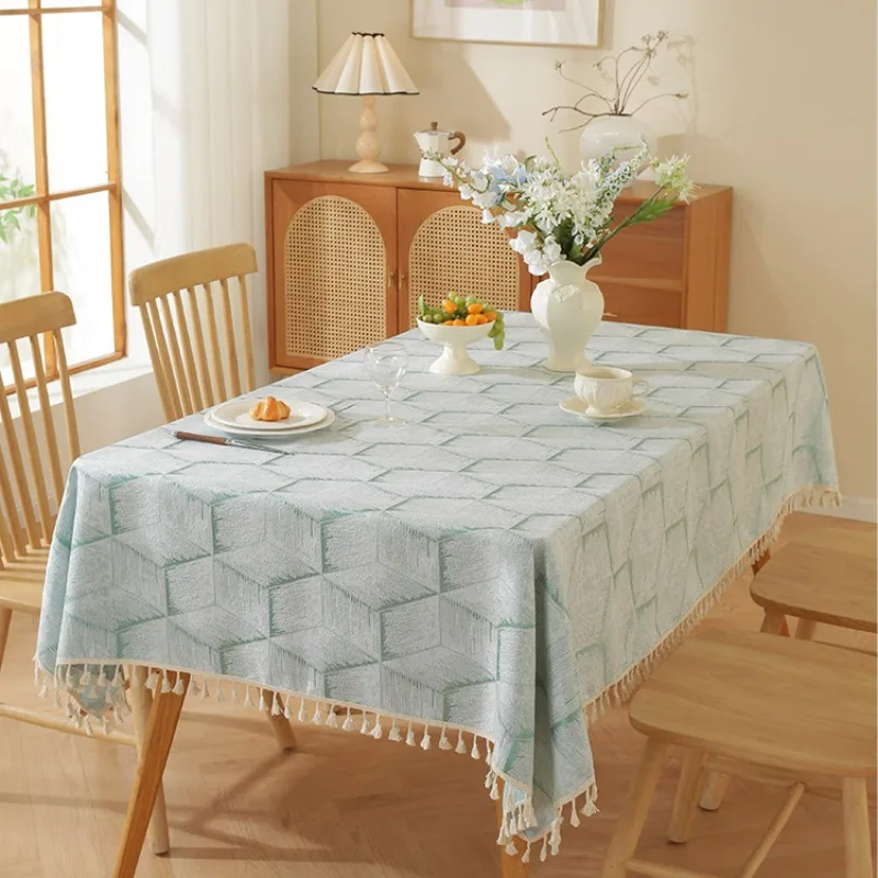 Ins Style Small Fresh Light Luxury High-end Tablecloth Polyester Linen Three-dimensional Geometric Rectangular Fringe Tablecloth