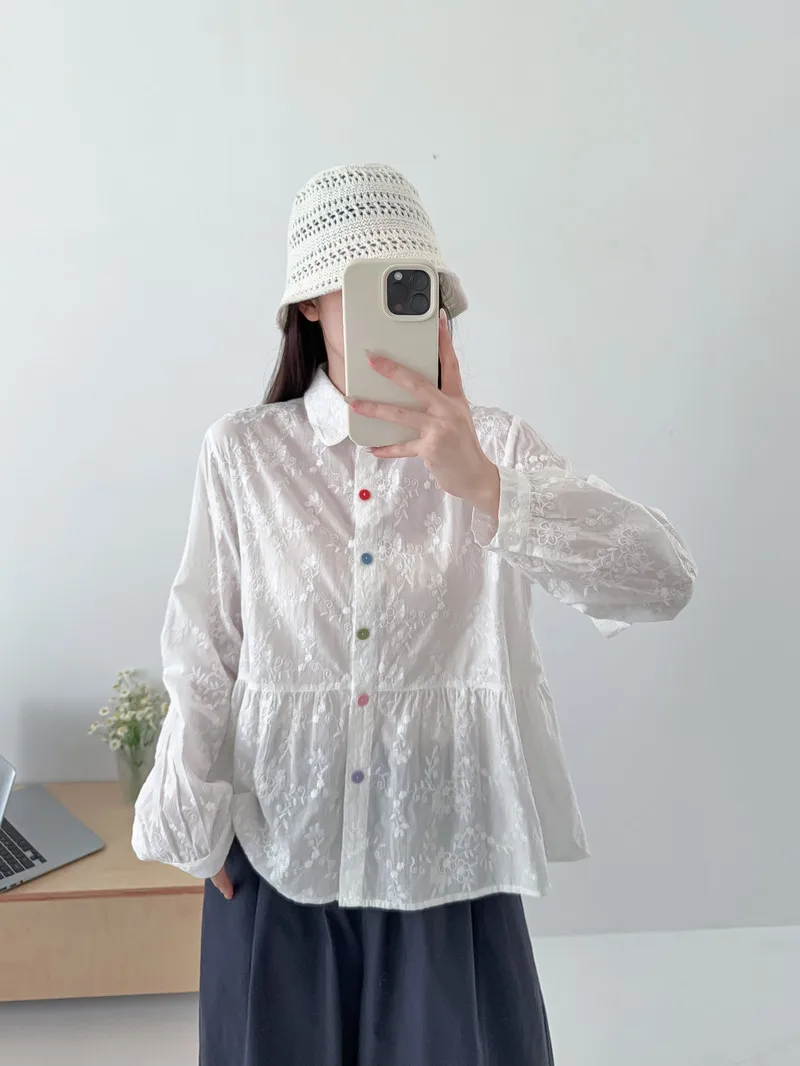 جديد 2025 الخريف قميص قطني بكم طويل ، المرأة بدوره إلى أسفل طوق التطريز ، موري فتاة أزرار ملونة بلوزة فضفاضة T5O591CC #4