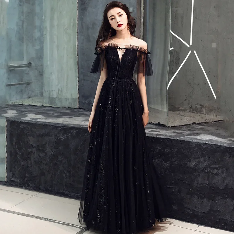 

Clearance Evening Dresses Black Tulle illusion O-neck A-Line Lace Up Floor-Length Women Party Formal Gown Vestido De Festa E010