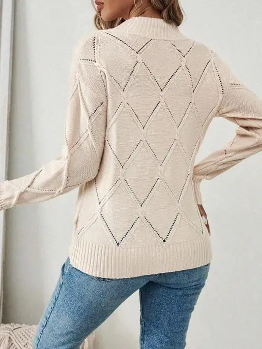 

Autumn 2025 Women's Fashionable Round Neck Long Sleeved Pullover with Diamond Pattern Solid Color Hollow Out Slim Knit Sweater