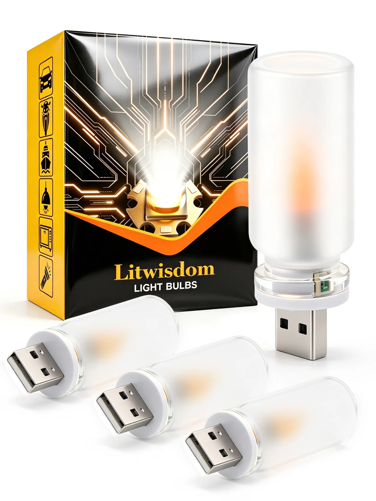 LITWISDOM 4x Mini USB Flickering Flame LED Simulation Candle Atmosphere Night Lamp Decor Light for Car Camping Christmas Party
