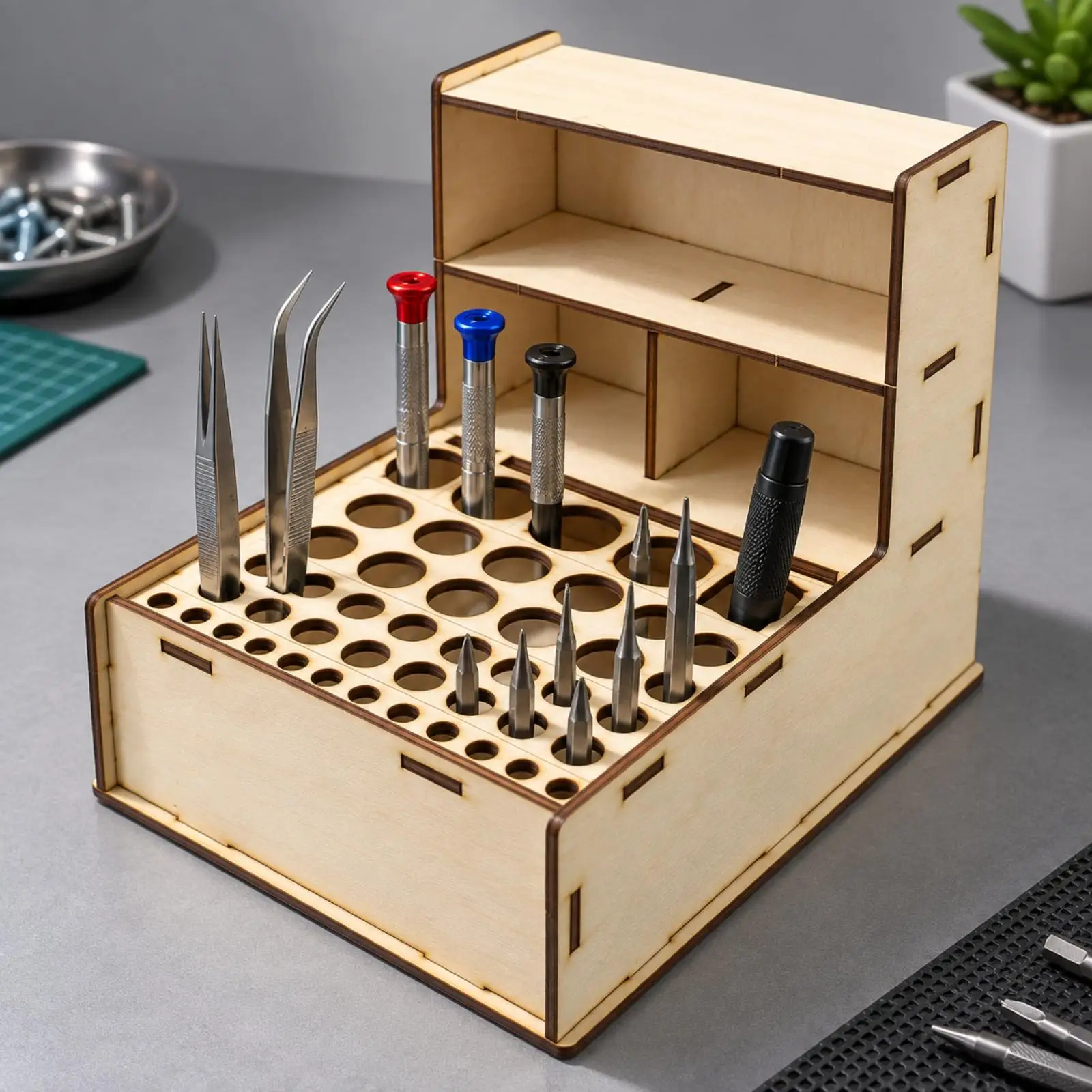 Multi Compartment Wood Organizer Rack for Hobby Materials and Model Pieces with Tab Slot Assembly for Sturdy Desk Use