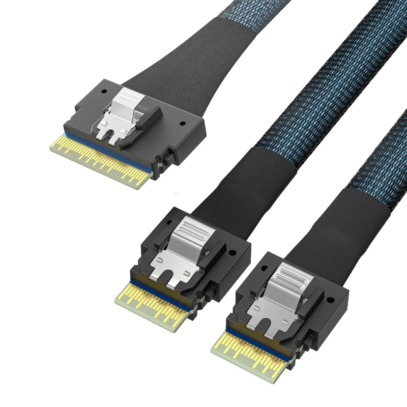 1M Slim SFF‑8654 8i to Dual SFF‑8654 4i Gen4 Data Cable PCIe4.0 Shielded Braided Cable For GPU Server NVME SSD Backplane Storage