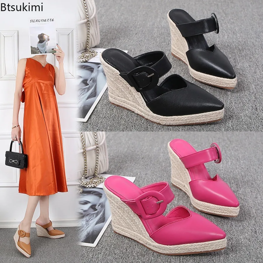 

2025 Women's Pink Wedged Heel Platform Summer Baotou Buckle Sandals High Heel Straw Woven Hemp Sole Pointed Head Shoes Ladies