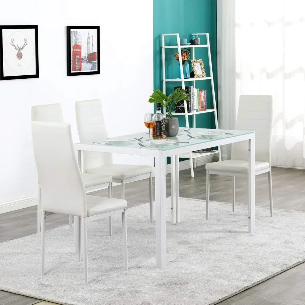 White Restaurant Chair Set, PU Leather, Sturdy Legs, Waterproof Seat, High Back Soft Cushion, 4 Pcs