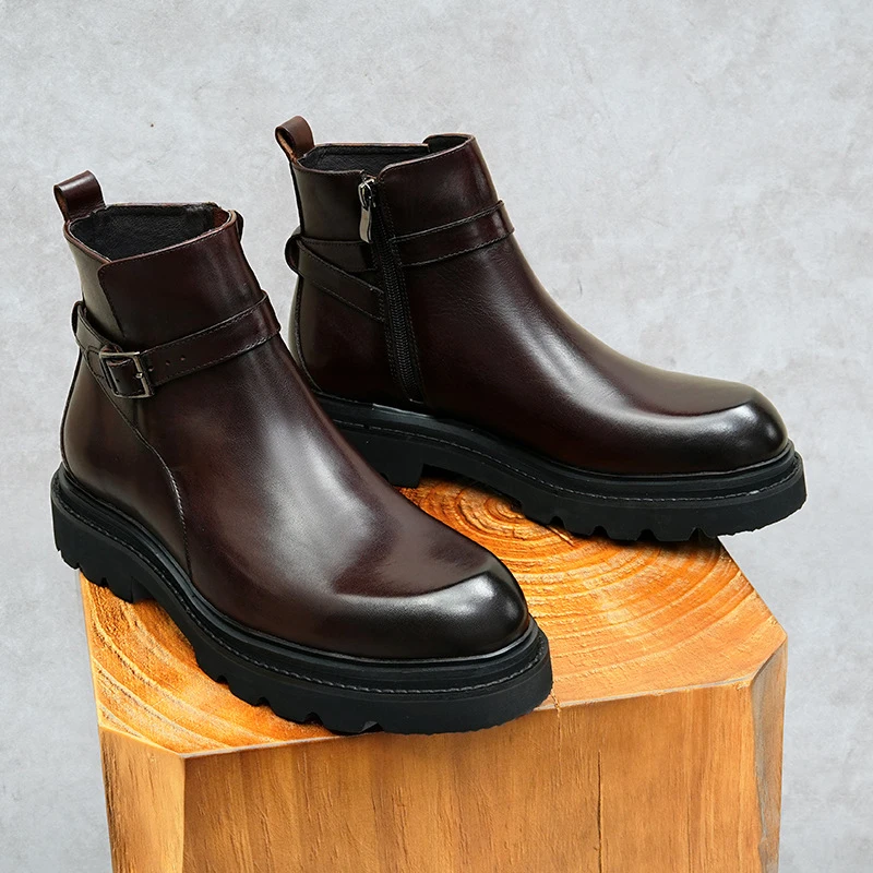 

Men’s Genuine Cow Leather Boots Banquet Business Suits Cowhide Black Luxury Shoes Man Winter