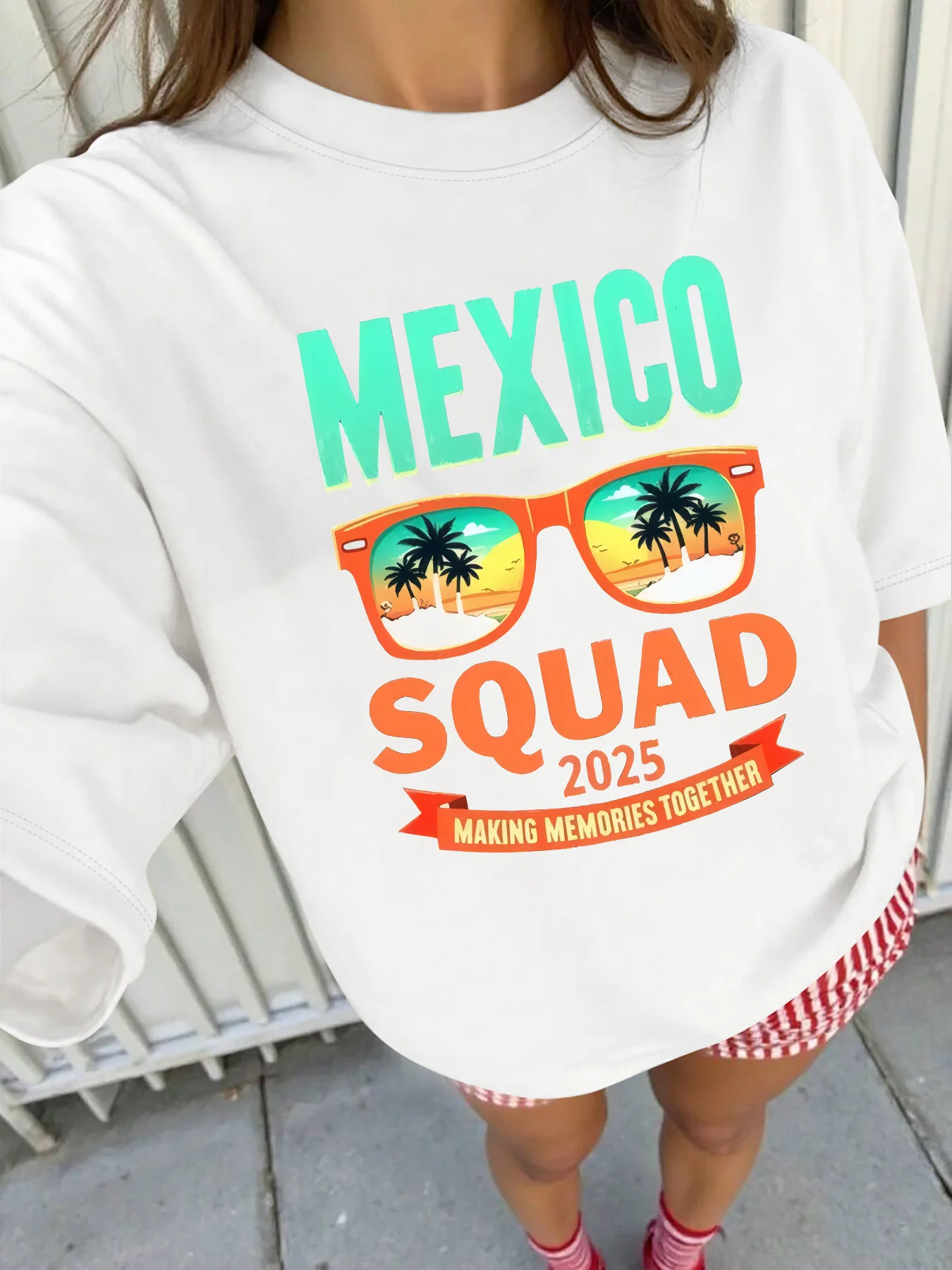 تي شيرت نسائي أبيض بأكمام قصيرة مقاس كبير، "MEXICO SQUAD 2025" طباعة جرافيك استوائية، سفر - ملابس كاجوال عصرية #1