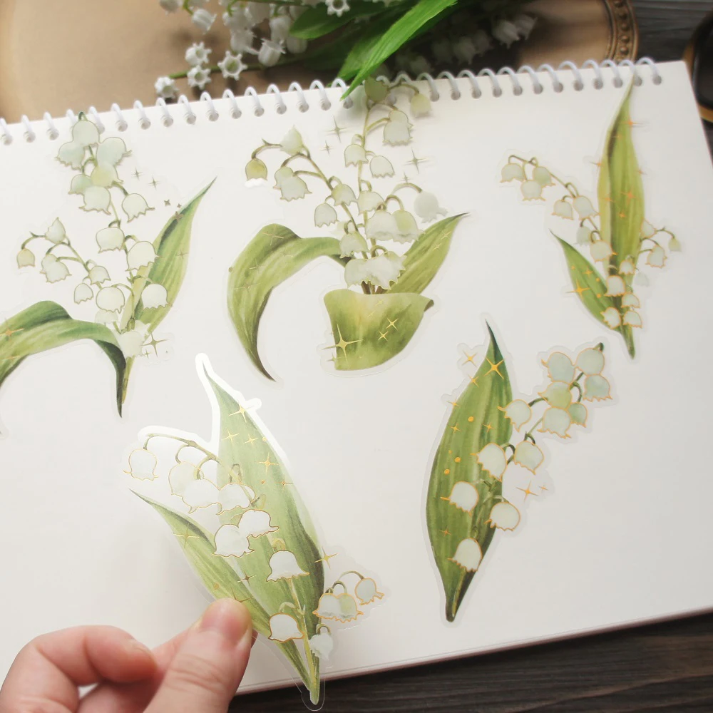 10 Pcs Big Size Gold Green Lily of The Valley Flower Bunch Style PVC Transparent Sticker Scrapbooking DIY Gift Decoration Tag