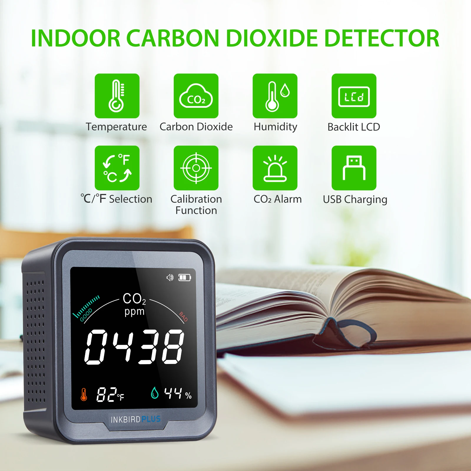 INKBIRD PTH-9C Carbon Dioxide Detector LCD Screen with Backlight Indoor Air Quality Monitor for Office,Bedroom,Cars,Grow Tents