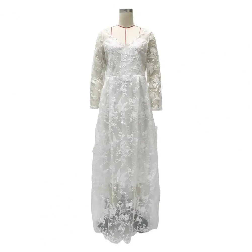 Bride Dress V Neck Long Sleeves Back Zipper Closure Wedding Dress Women Evening Dress Lace Floral Embroidered A-line Big Swing