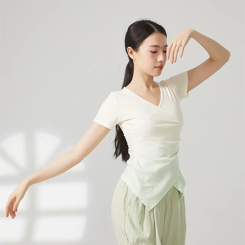 Short Sleeve Tee Shirt Women Summer Modern Dance Practice Top Gradient Two Color Ribbed Clothes Classical Basic Team Dancer New