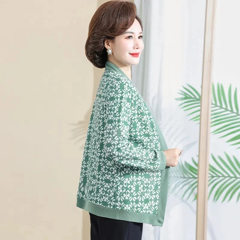 Middle Aged Mother Long Sleeve Cardigan Shirts 2PCS Spring Autumn Fashion Women Knitted T-shirt Tops And Pants Suits Female 3PCS