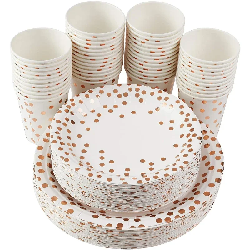 

150PCS Biodegradable Rose Gold Disposable Paper Plates Cups Set, 50 Dinner Plates, 50 Salad Plates,50 Paper Cups for Party