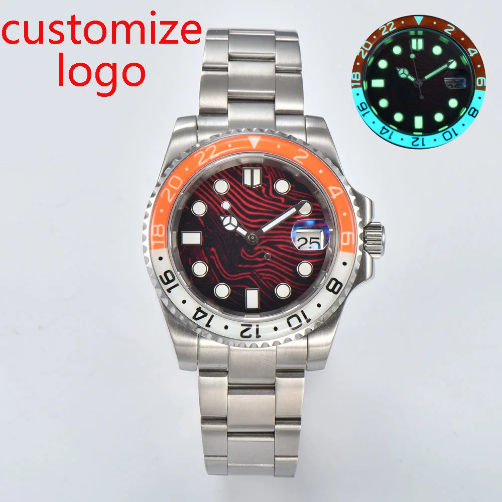 Автоматические часы NH35 40 мм с японским автоматическим механизмом NH35 полностью зеленым светящимся циферблатом Kanagawa Wave может настроить логотип