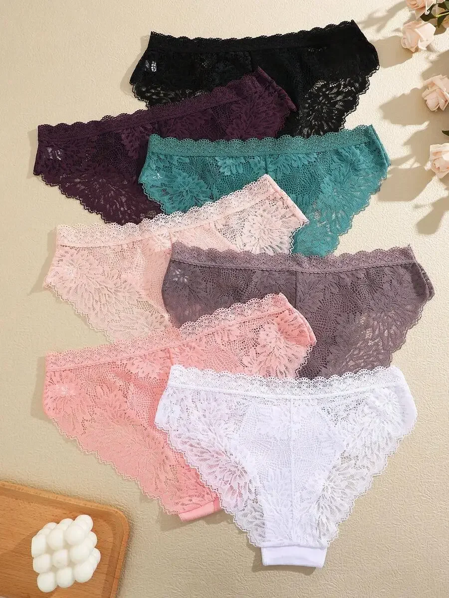 

7pcs Women Lace Low Waist Briefs Breathable Floral Pattern