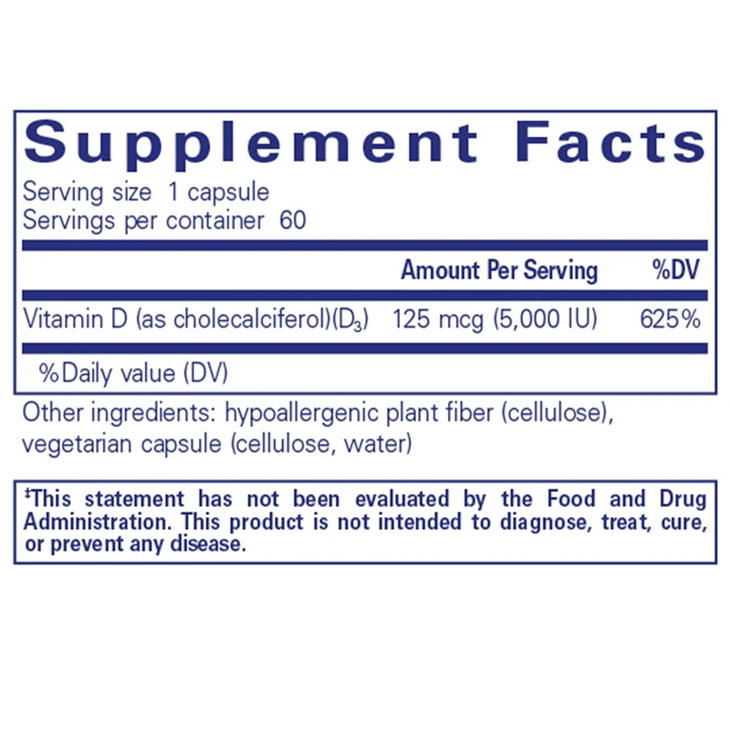 Cápsula pura de vitamina D3, 125 mcg (5000 IU), suplemento para hueso, articulación, pecho, corazón, Colon y salud inmunológica, 60 cápsulas