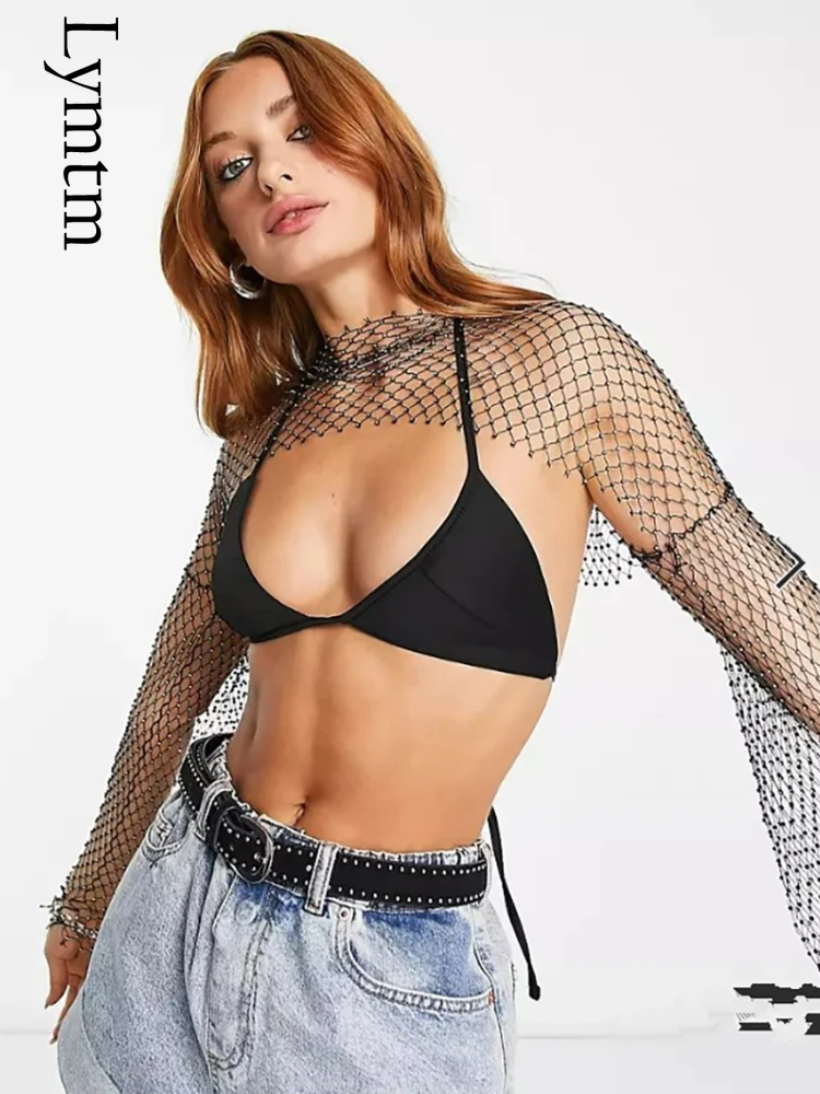 

Women Sexy Luxury Hollow Out Fishnet Grid T Shirt Full Sleeve Loose Women Diamonds Cover Up Beachwear Club Women Tank Top Party